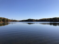 jackson township, autumn view east from the northwest shore of prospertown lake in jackson township ocean county new jersey