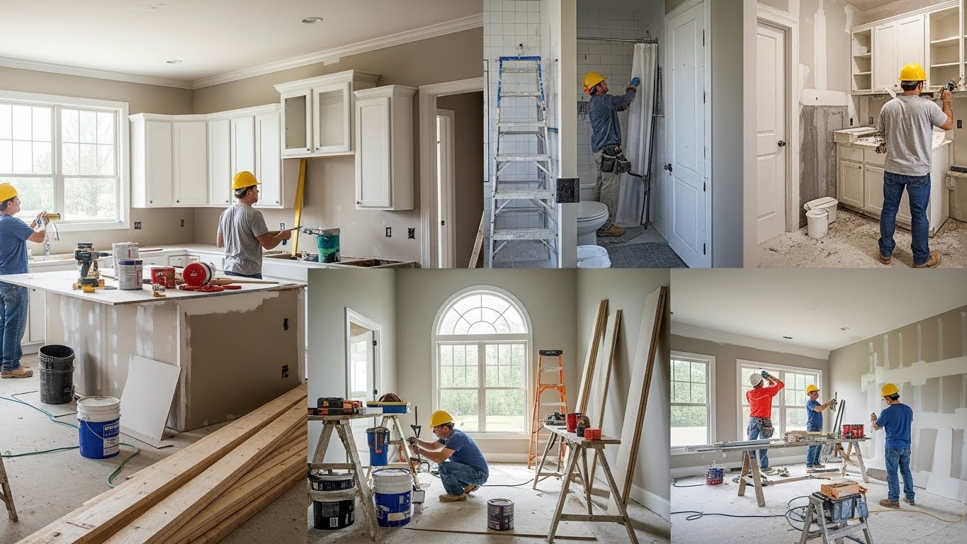K and K Construction professional drywall installation in a Massillon Ohio home — contractor hanging and taping drywall panels on interior walls and ceiling