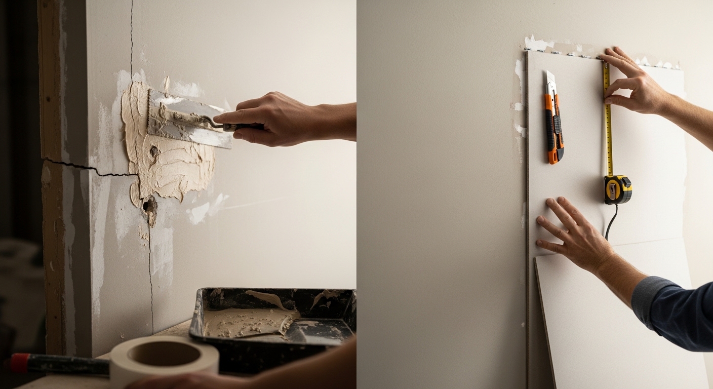 K and K Construction drywall repair versus replacement comparison — seamless drywall patch repair on an Ohio home wall showing professional finish ready for painting in Massillon