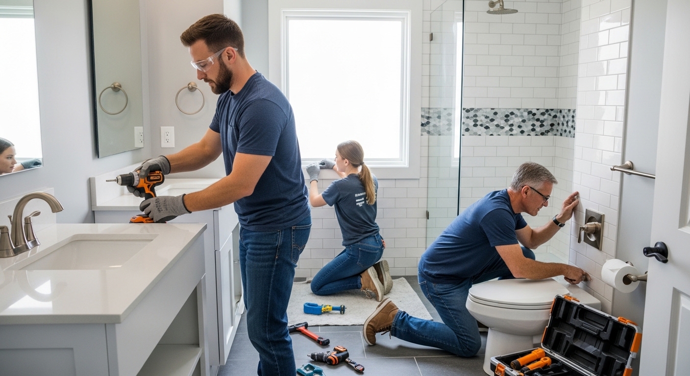 Finished bathroom remodel by K and K Construction in Parma, OH &mdash; modern tile, new vanity and fixtures