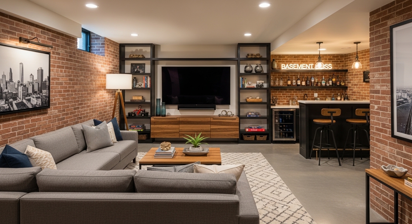 Custom built-in entertainment center and storage wall in Ohio home by K and K Construction
